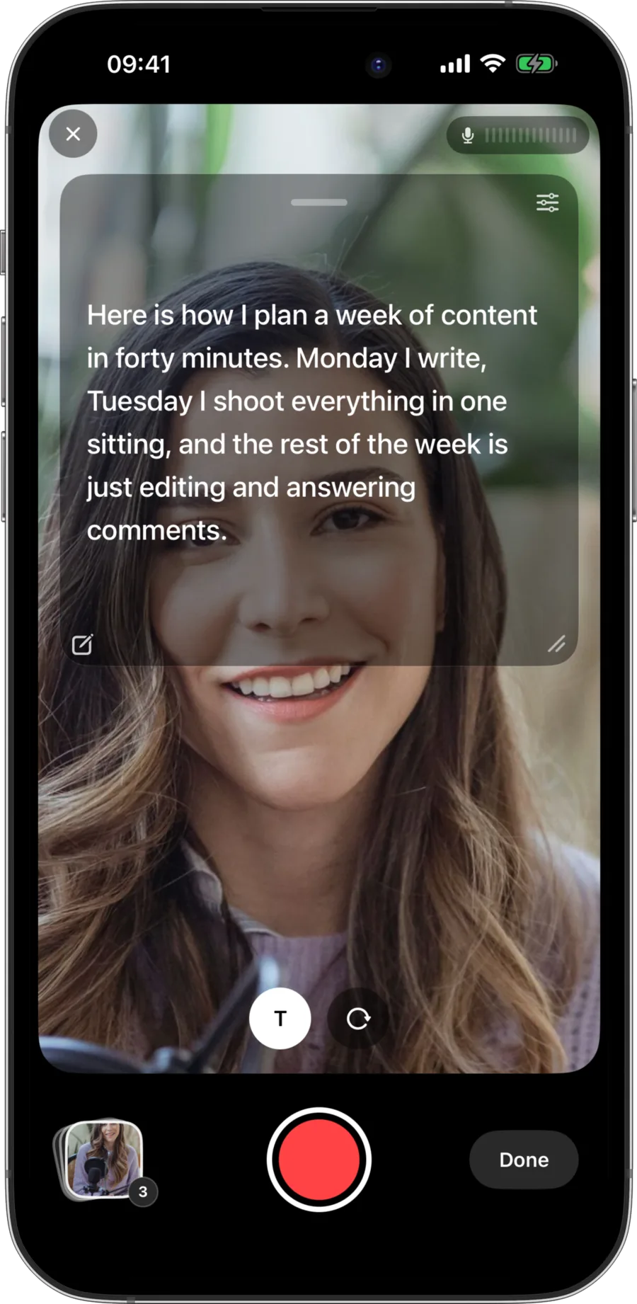 The recording screen, with the script scrolling over the camera preview